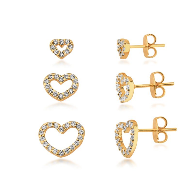 Trio Corações Micro Zircônias Banhado a Ouro 18k