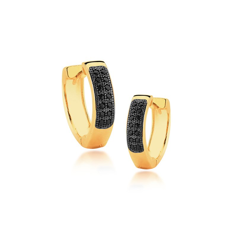 Brinco Click Micro Zircônias Negras Banhado a Ouro 18k