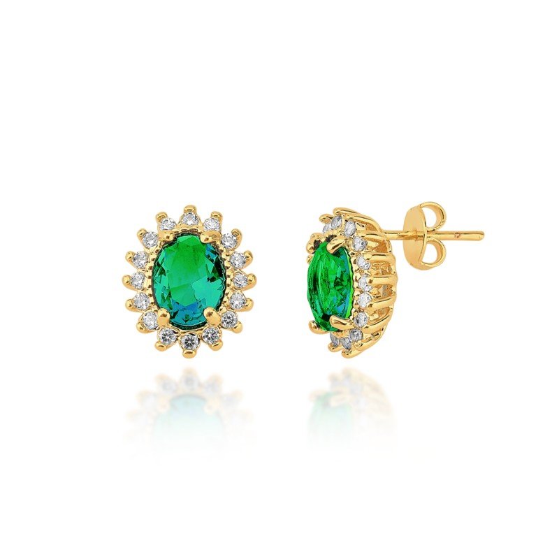 Brinco Zircônia Esmeralda Banhado a Ouro 18k