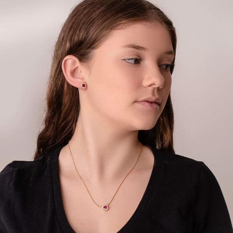 Brinco Zircônia Rosa Banhado a Ouro 18k