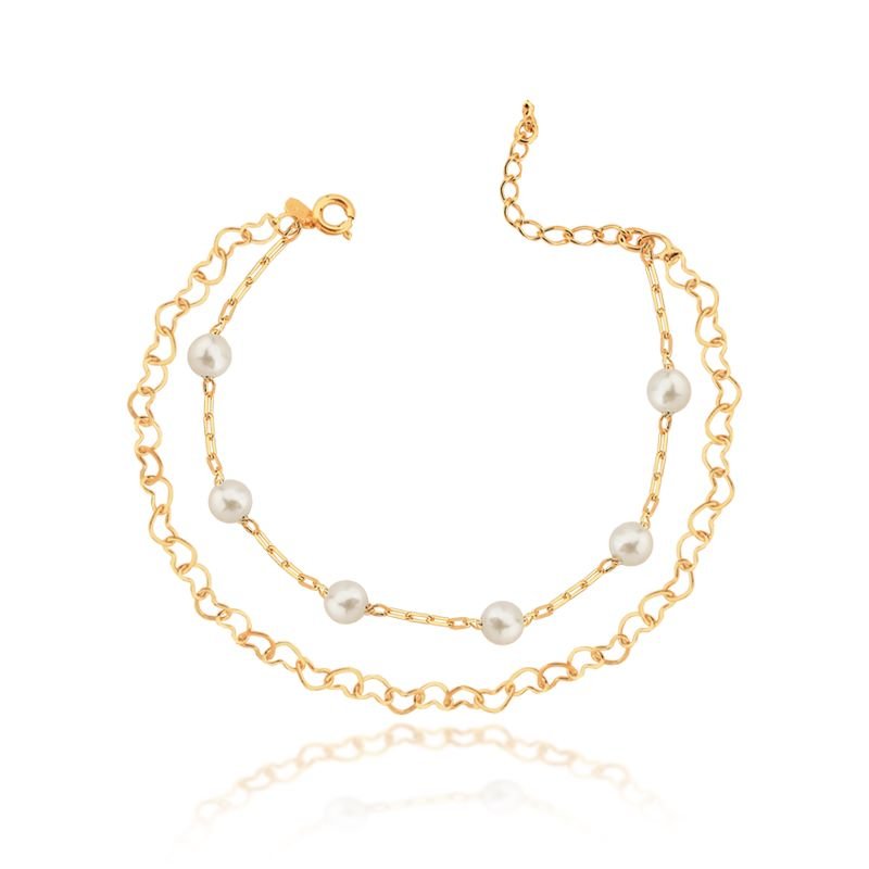 Pulseira Pérolas e Corações Banhado a Ouro 18k
