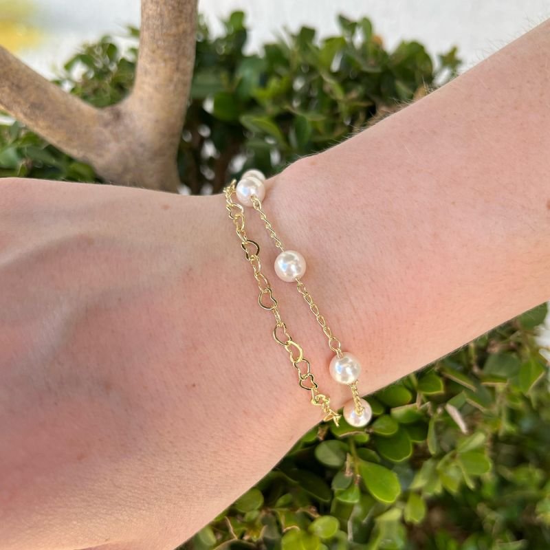 Pulseira Pérolas e Corações Banhado a Ouro 18k