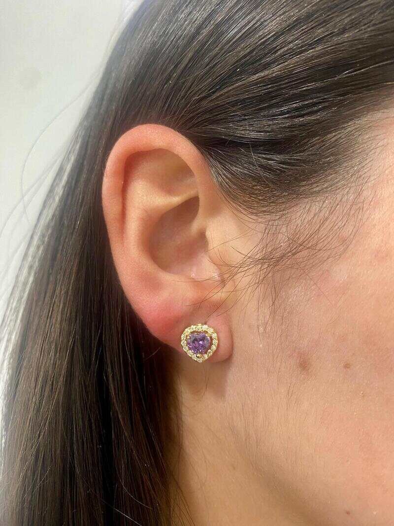 Brinco Coração Roxo Banhado a Ouro 18k