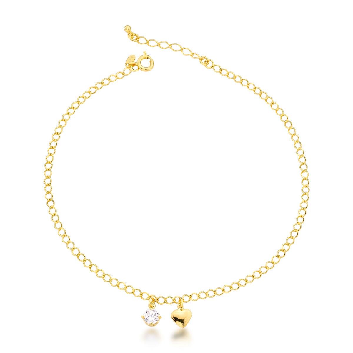 Tornozeleira Coração e Zircônia Banhado a Ouro 18k