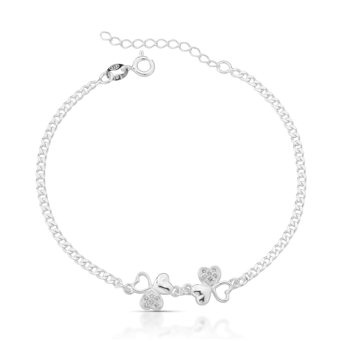 Pulseira Trevo Branco Corações Prata 925