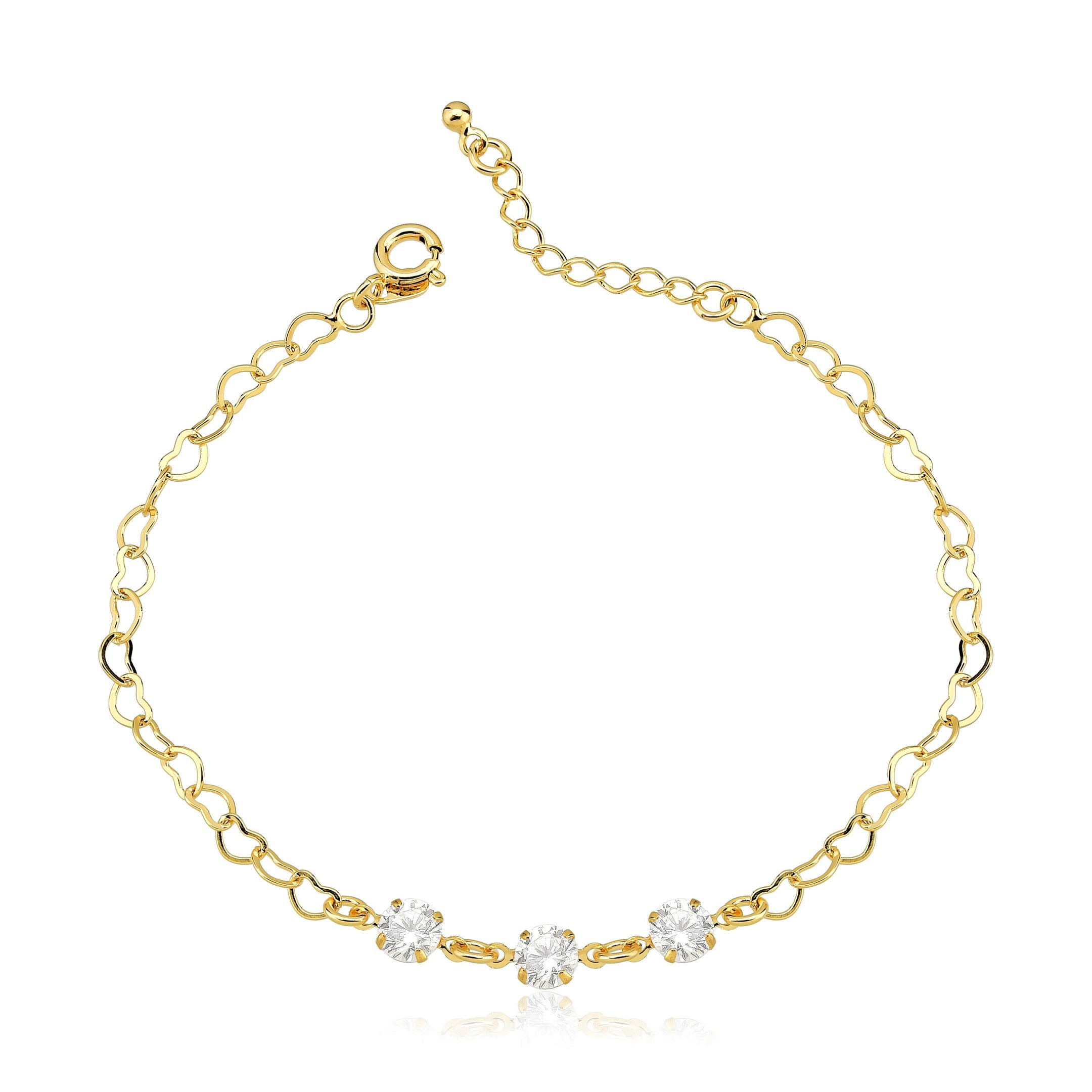 Pulseiro Elos Coração 3 Zircônia Banhado a Ouro 18k