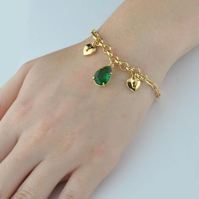 Pulseira Pedra e Corações Banhado a Ouro 18k
