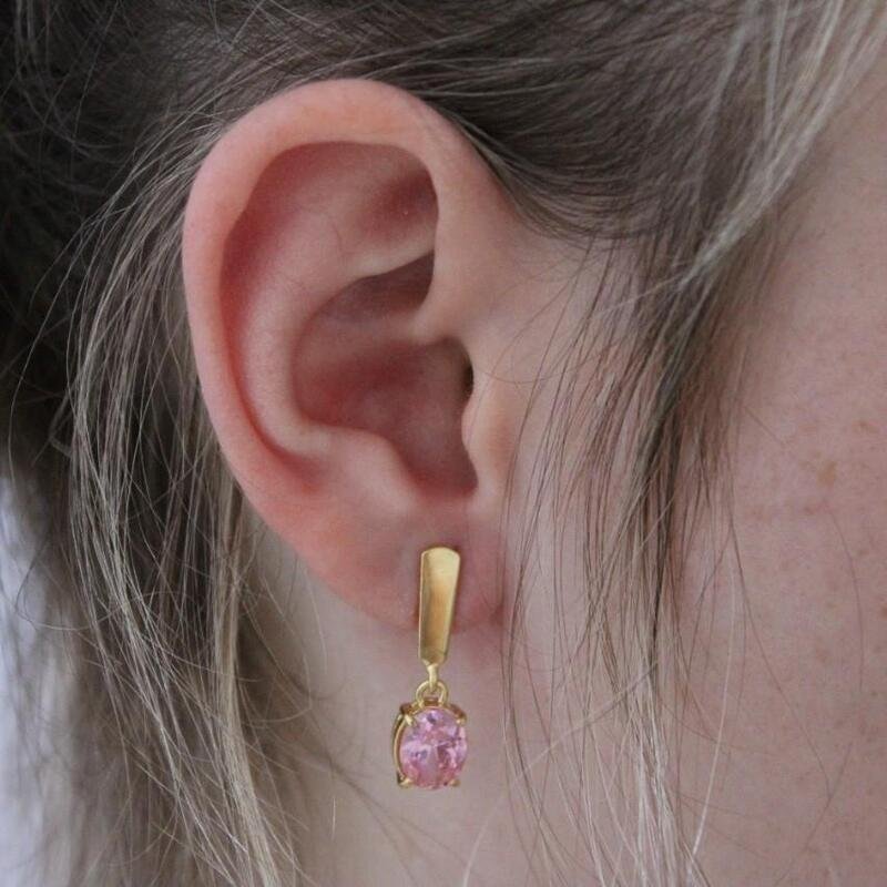 Brinco Zircônia Rosa Banhado a Ouro 18k