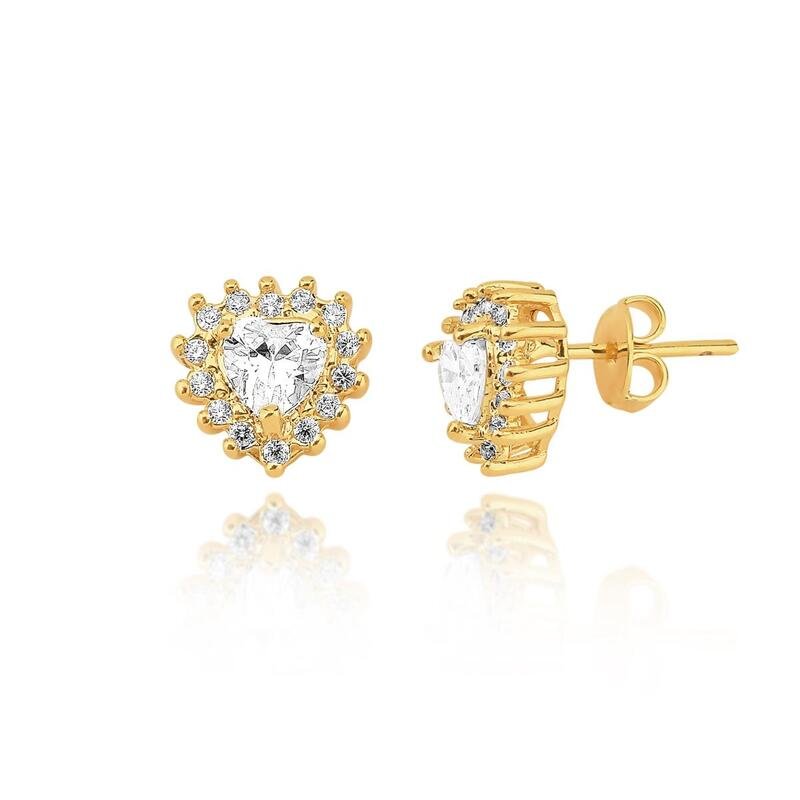 Brinco Zircônia Coração Banhado a Ouro 18k