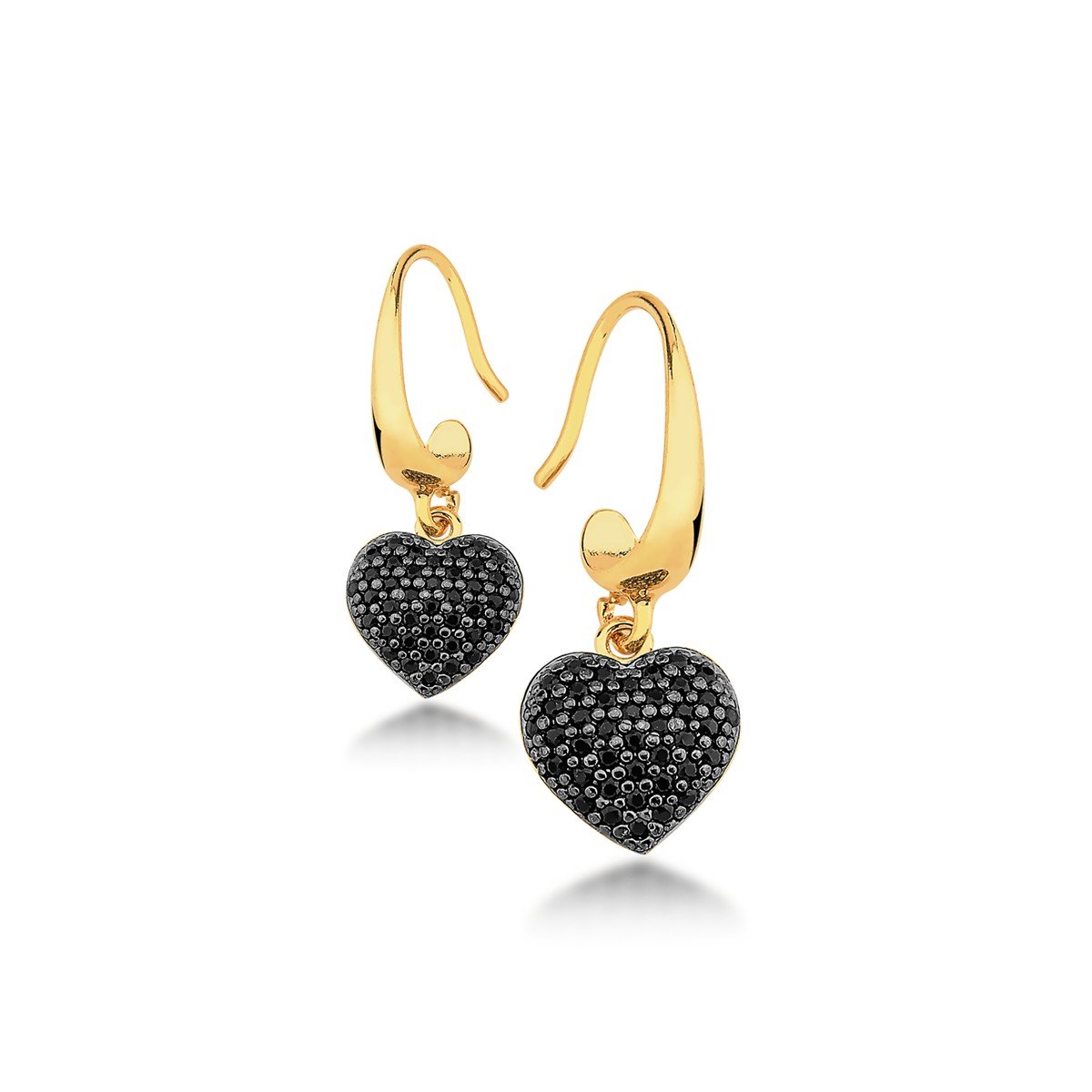 Brinco Coração Micro Zircônias Negras Banhado a Ouro 18k