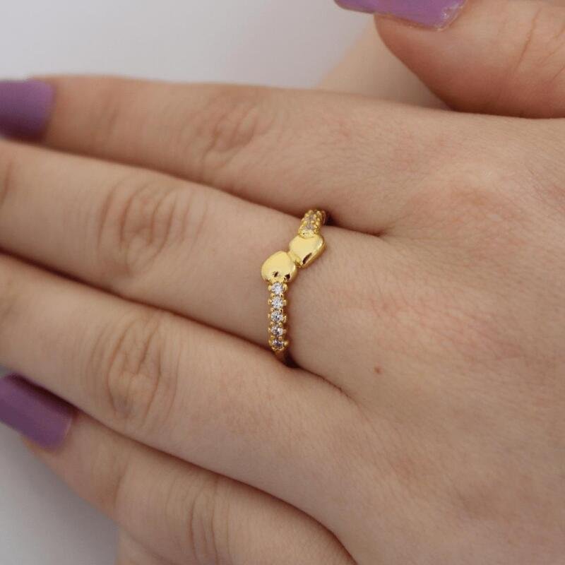 Anel Dois Corações e Micro Zircônias Banhado a Ouro 18k