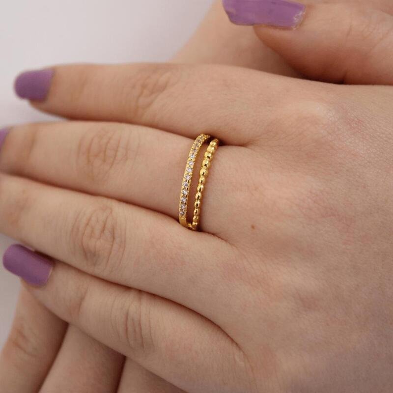 Anel Duas Carreiras Micro Zircônias Banhado a Ouro 18k