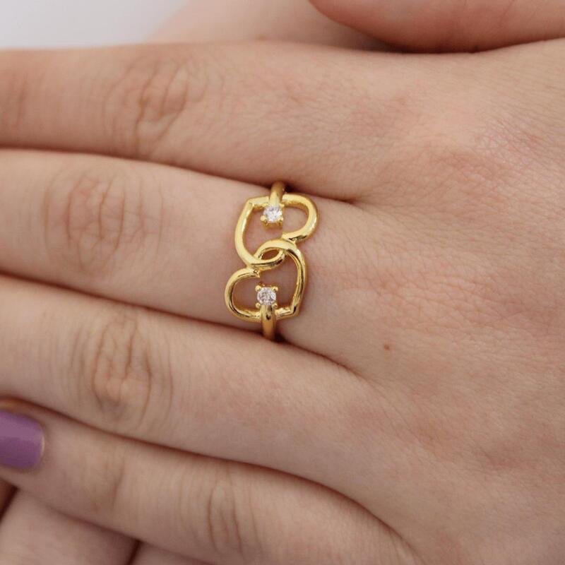 Anel Dois Corações Banhado a Ouro 18k