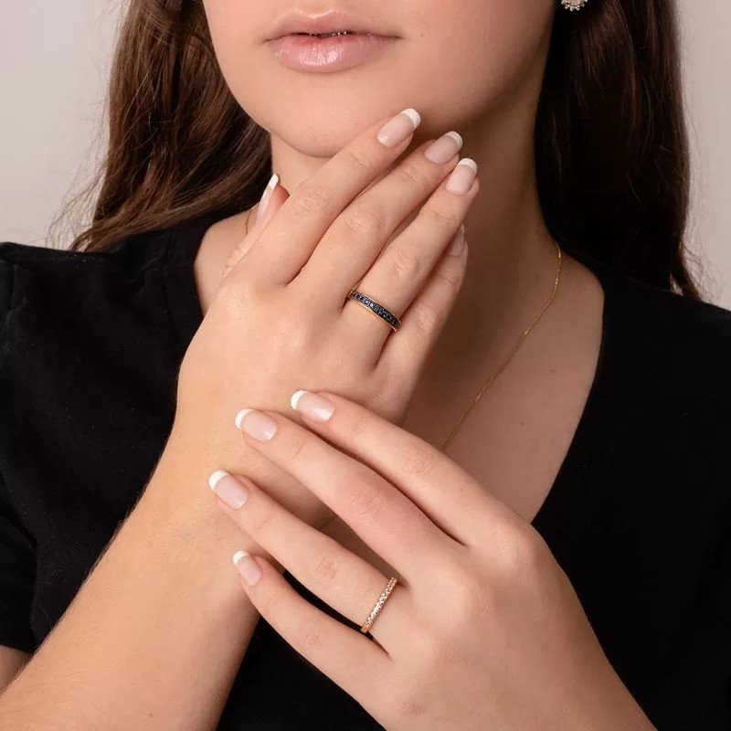 Anel Aparador Micro Zircônia Azul Banhado a Ouro 18k