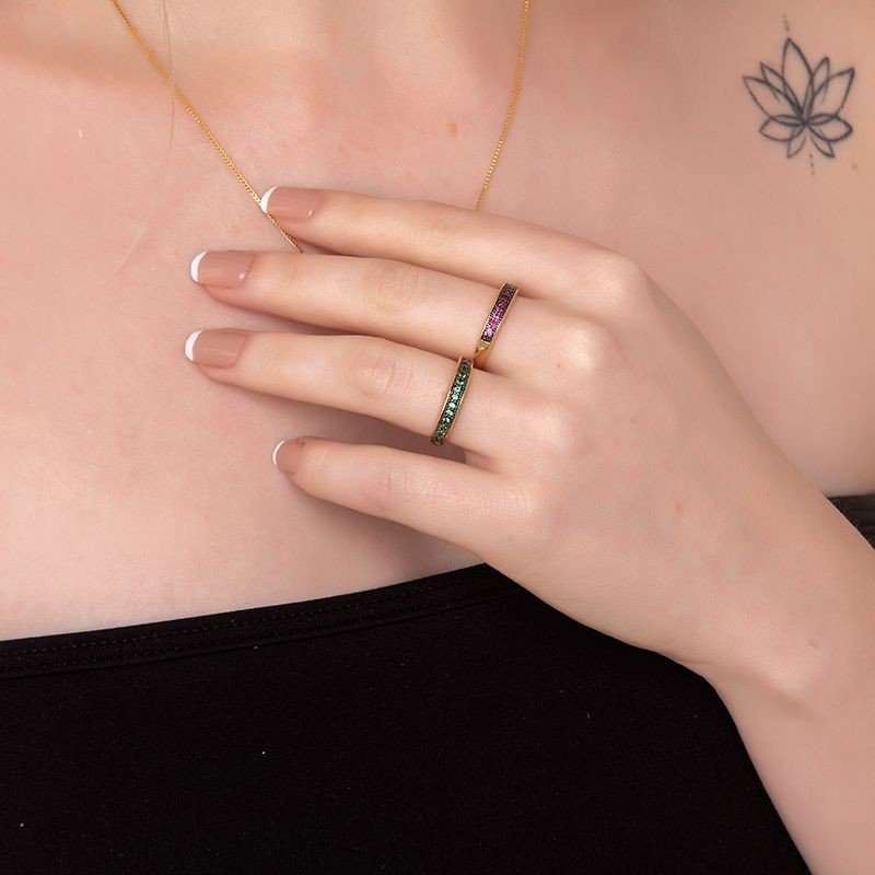 Anel Aparador Micro Zircônias Rosa Banhado a Ouro 18k