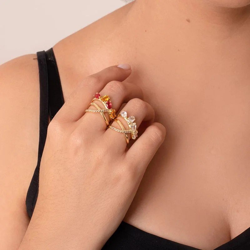 Anel Zircônias e Micro Zircônias Banhado a Ouro 18k