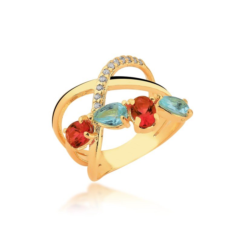Anel Zircônias e Micro Zircônias Banhado a Ouro 18k