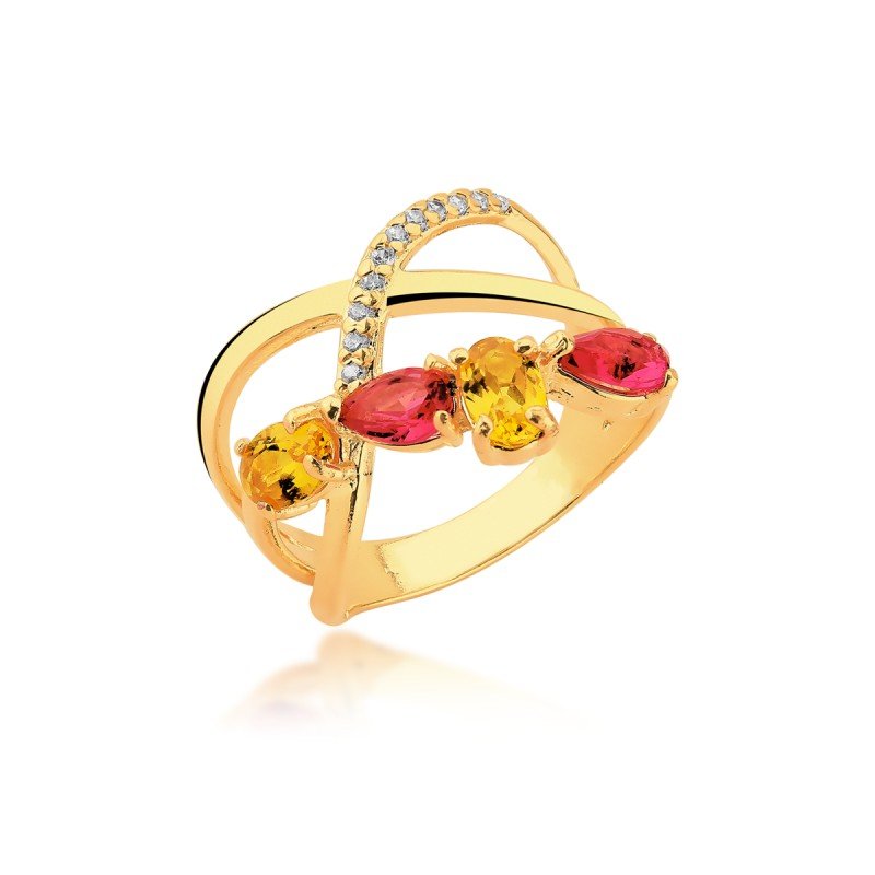 Anel Zircônias e Micro Zircônias Banhado a Ouro 18k