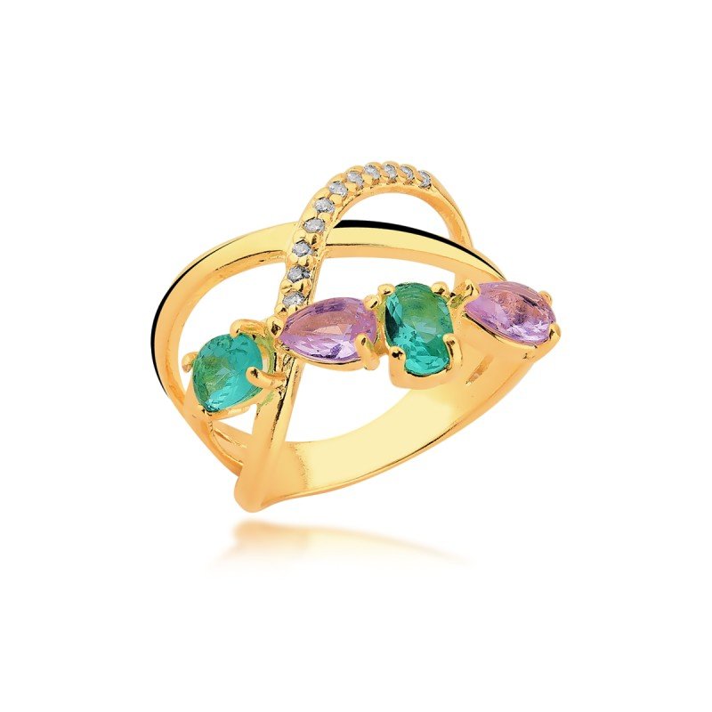 Anel Zircônias e Micro Zircônias Banhado a Ouro 18k