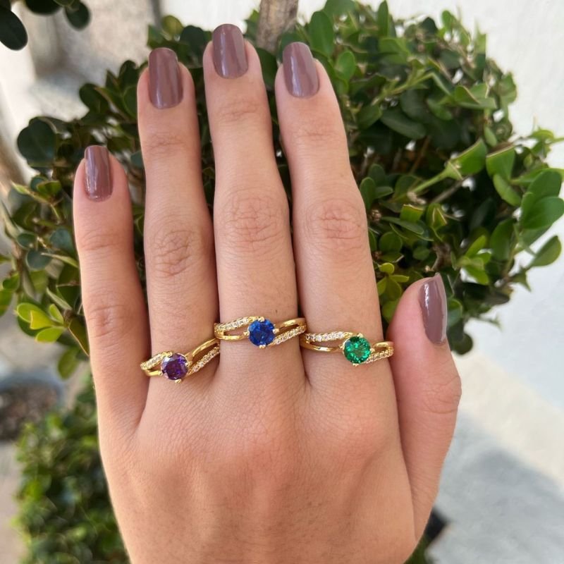 Anel Zircônia Azul Banhado a Ouro 18k