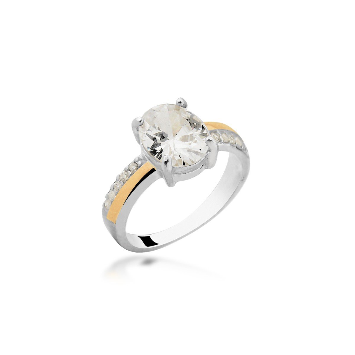 Anel Zircônia Oval com Filete de Ouro 10k Prata 925