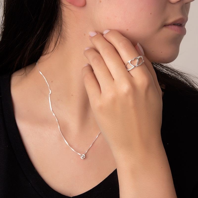 Anel Coração e Micro Zircônias Prata 925