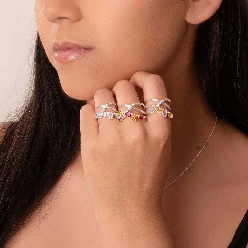 Anel ZIrcônias e Micro Zircônias Prata 925