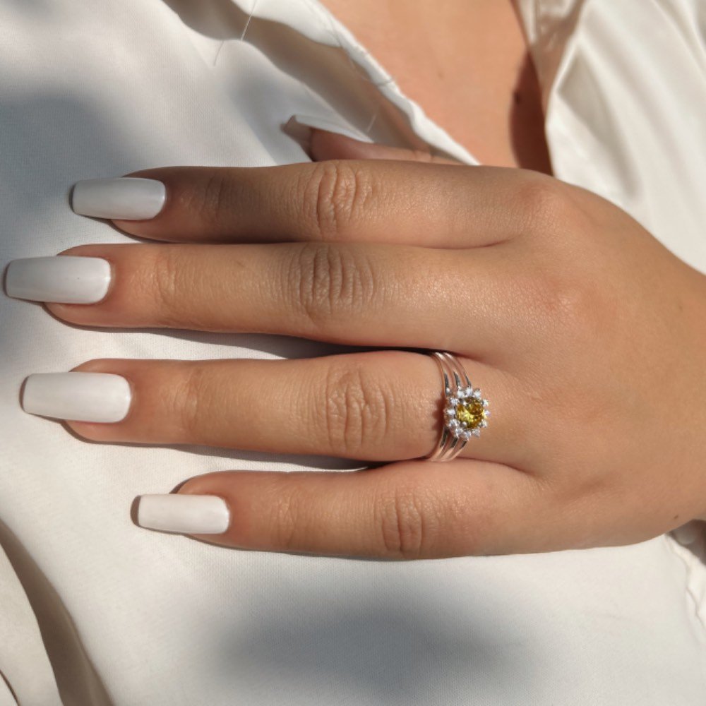 Anel Zircônia Cítrino Prata 925