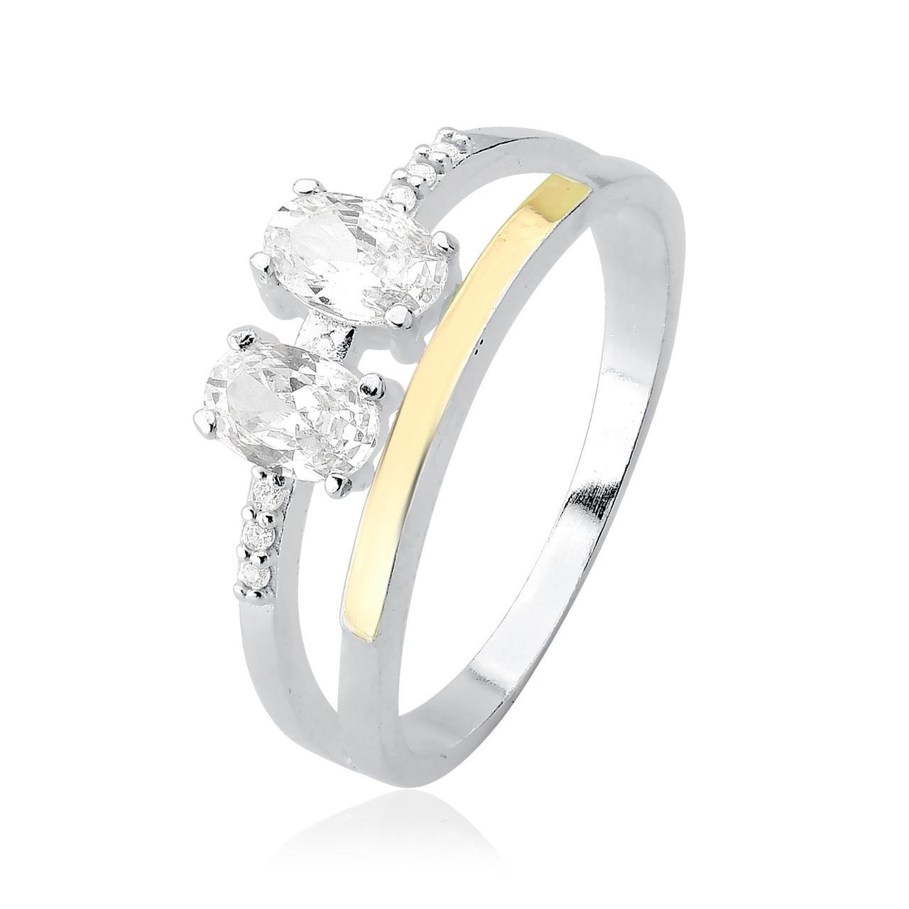Anel Zircônias Ovais Filete de Ouro e Prata 925