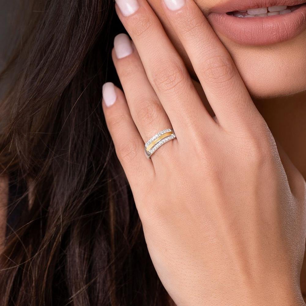 Anel Três Elos Filete de Ouro e Prata 925