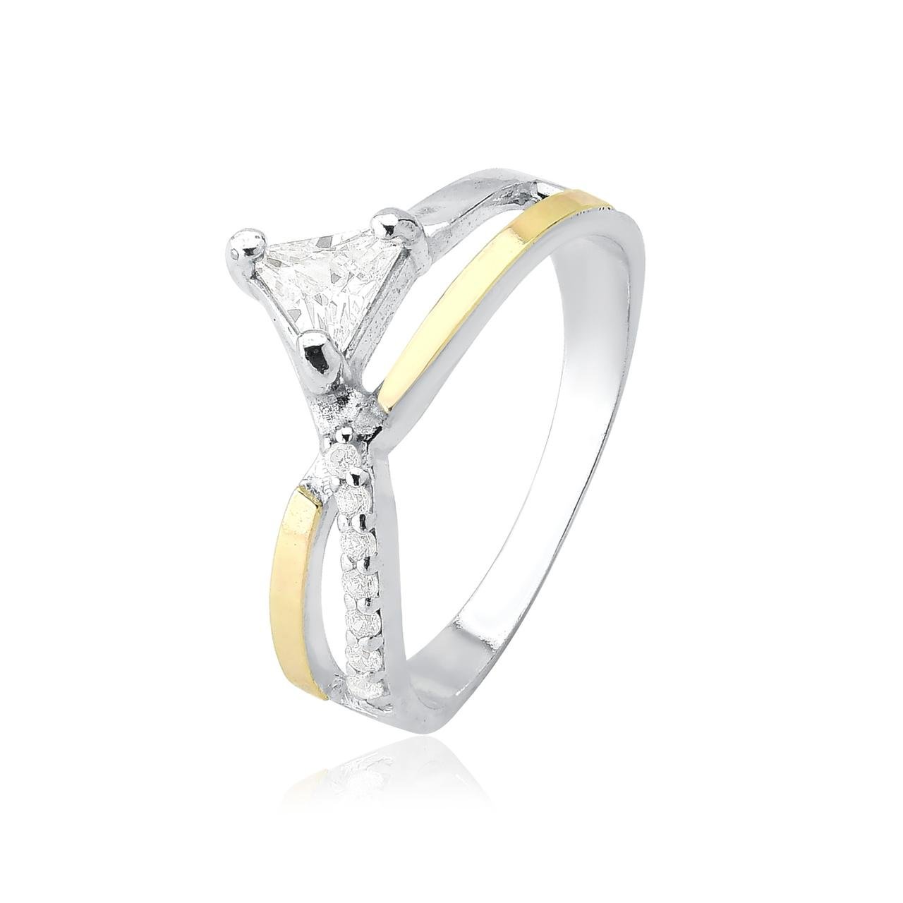 Anel Zircônia Triângulo Filete de Ouro e Prata 925