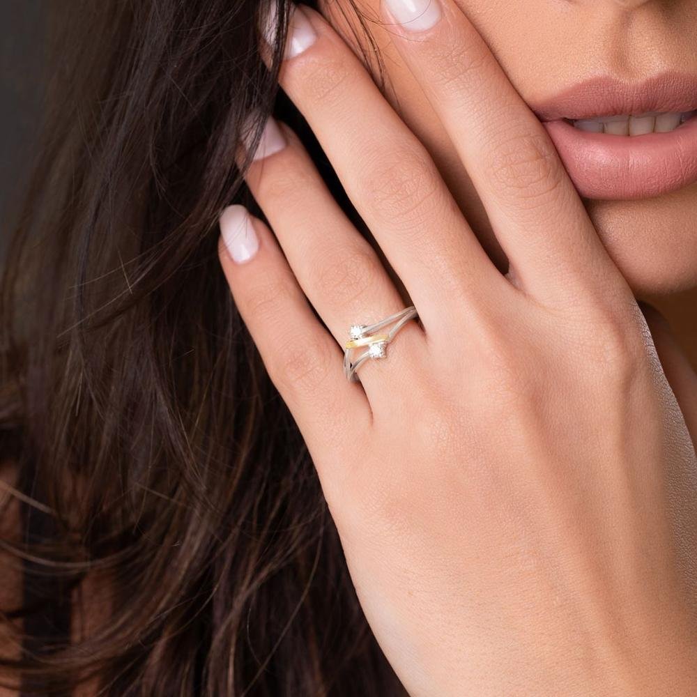 Anel Zircônias Filete de Ouroe Prata 925