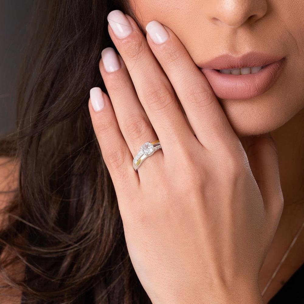 Anel Solitáio Filete de Ouro e Prata 925