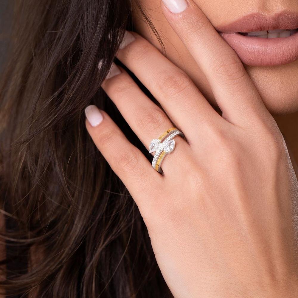 Anel Zircônia Gota Dupla Filete de Ouro e Prata 925