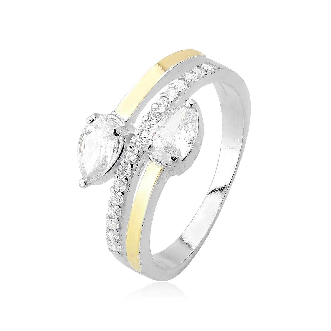 Anel Zircônia Gota Dupla Filete de Ouro e Prata 925