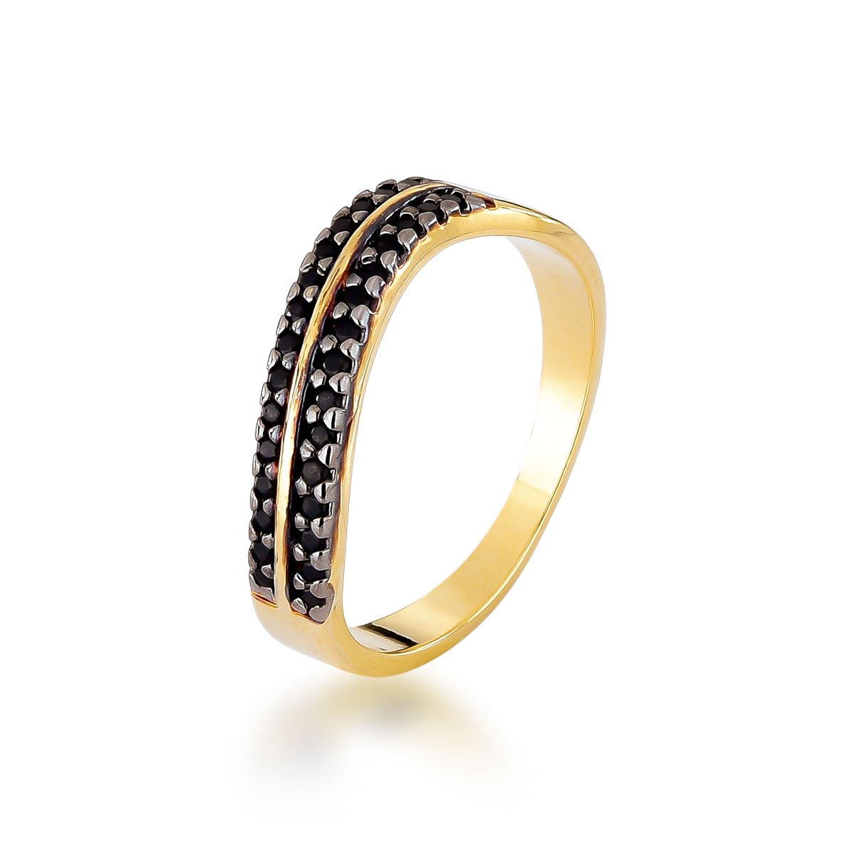 Anel Ondulado Zircônias Negras Banhado a Ouro 18k