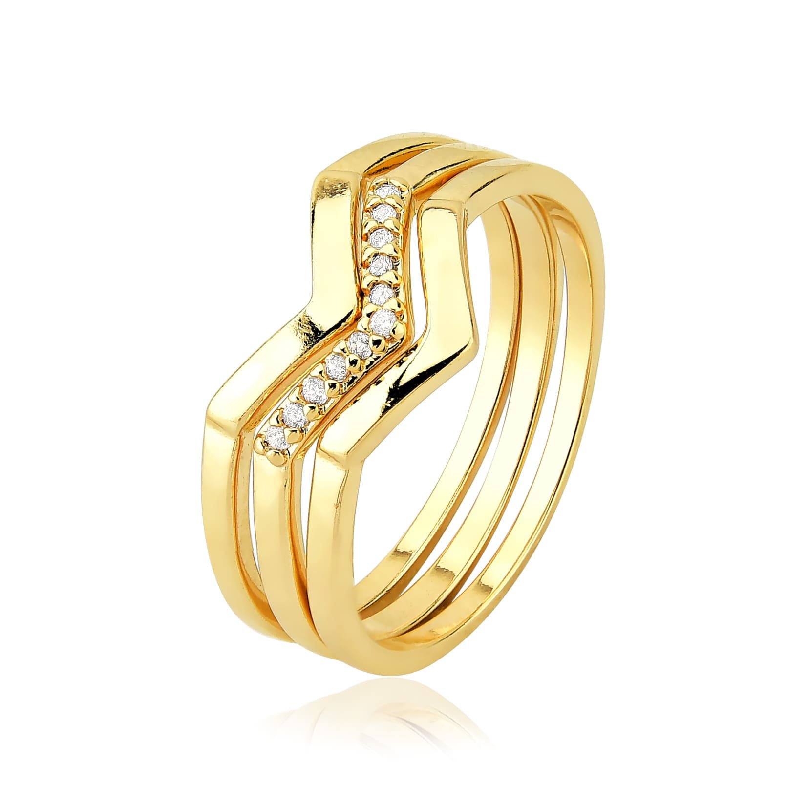 Anel Trio Formato V Banhado a Ouro 18k