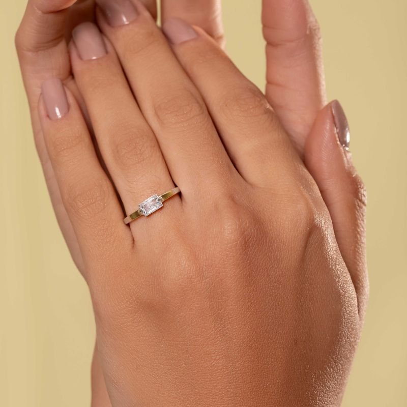 Anel Zircônia Retangular 3x6 Filete de Ouro e Prata 925