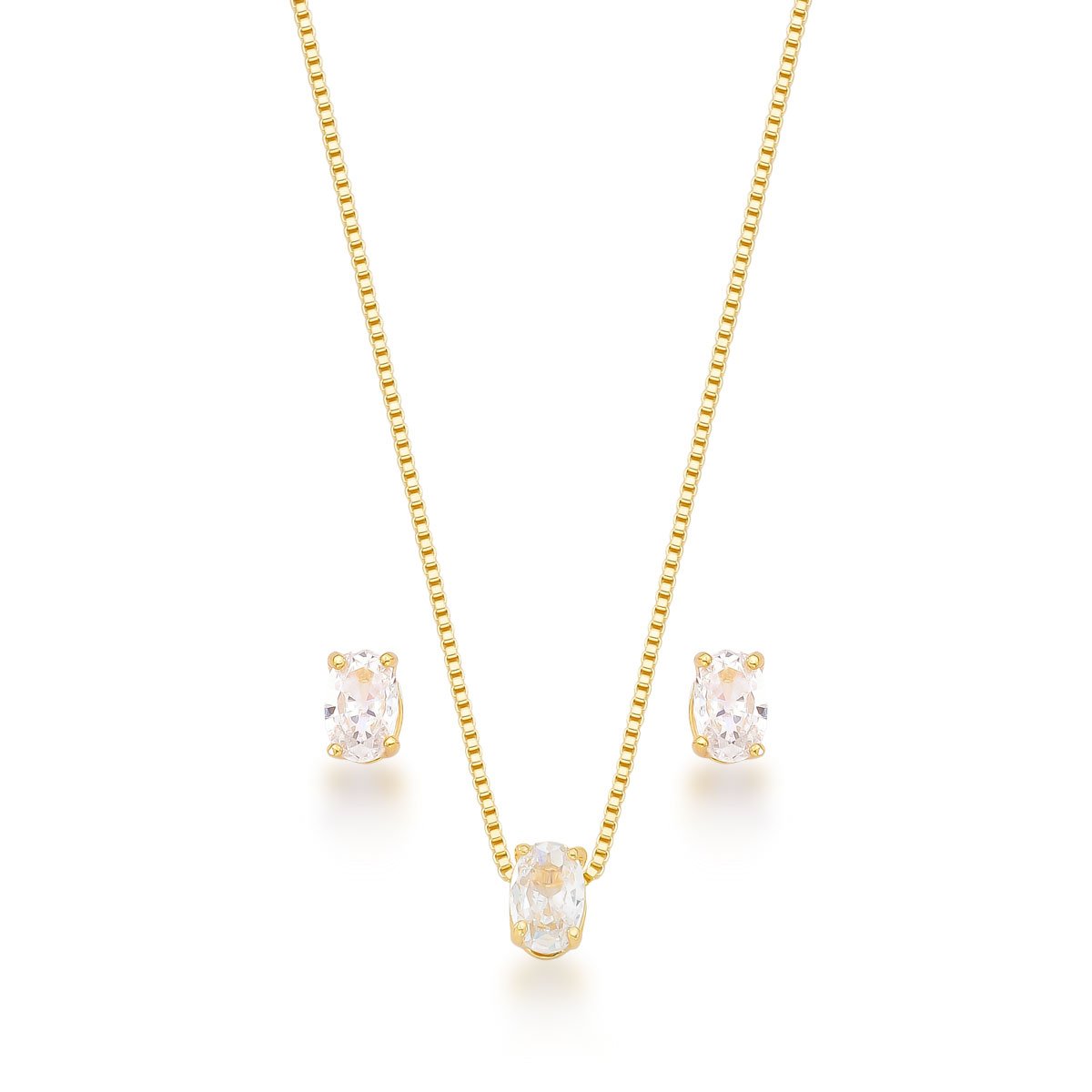 CONJUNTO 4X6 ZIRC. OVAL FOLHEADO A OURO