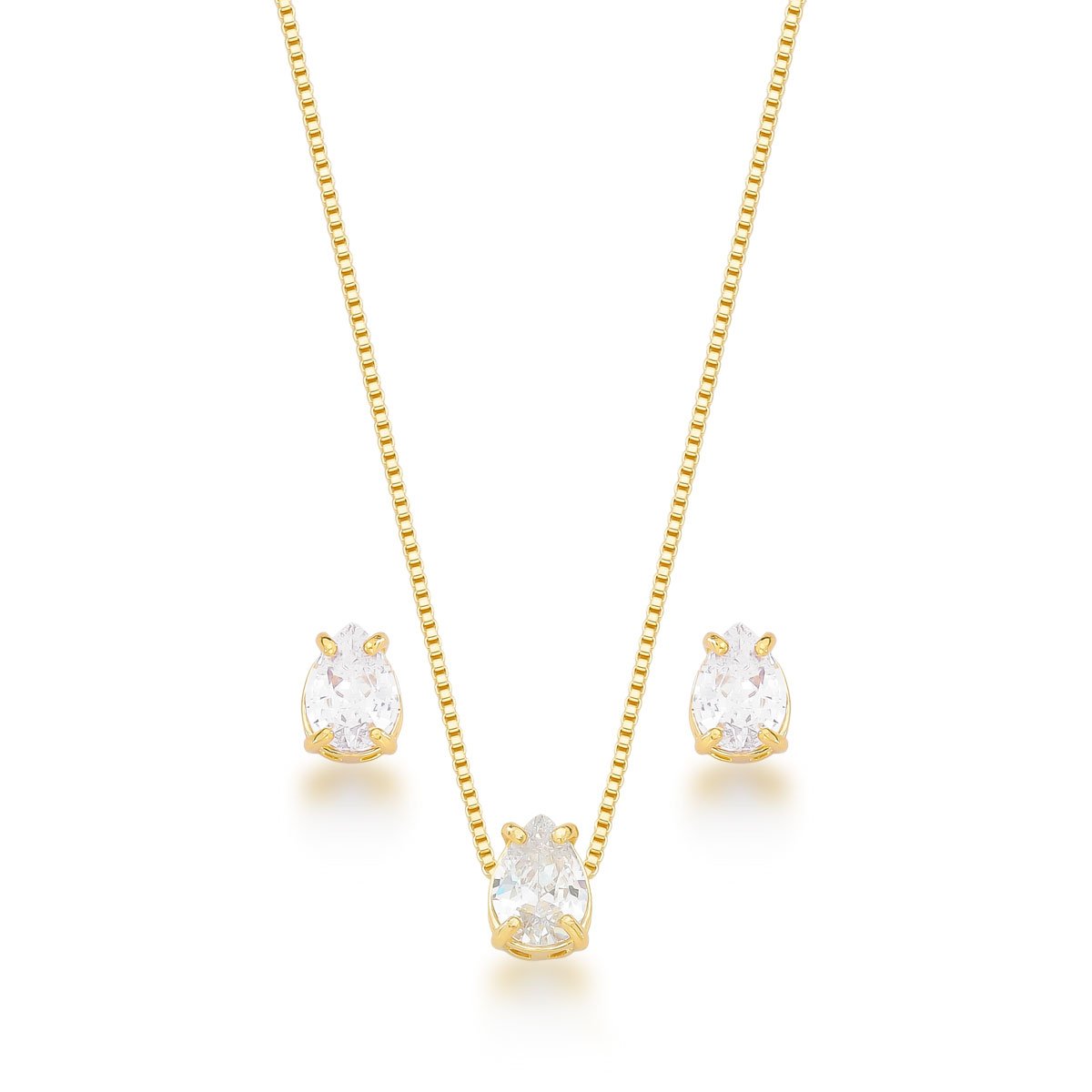 Conjunto Zircônia Gota Banhado a Ouro 18k