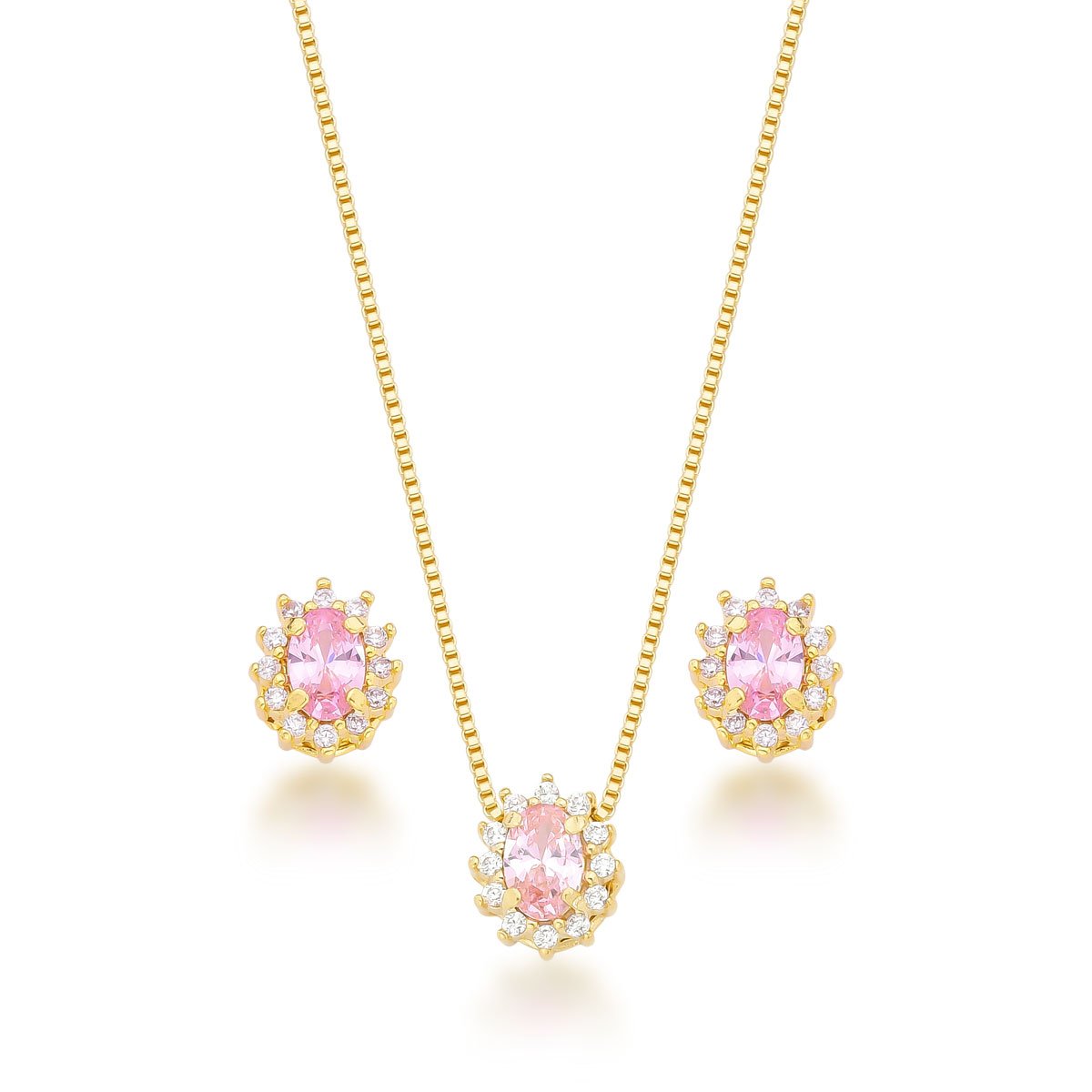 Conjunto Zircônia Rosa Banhado a Ouro 18k