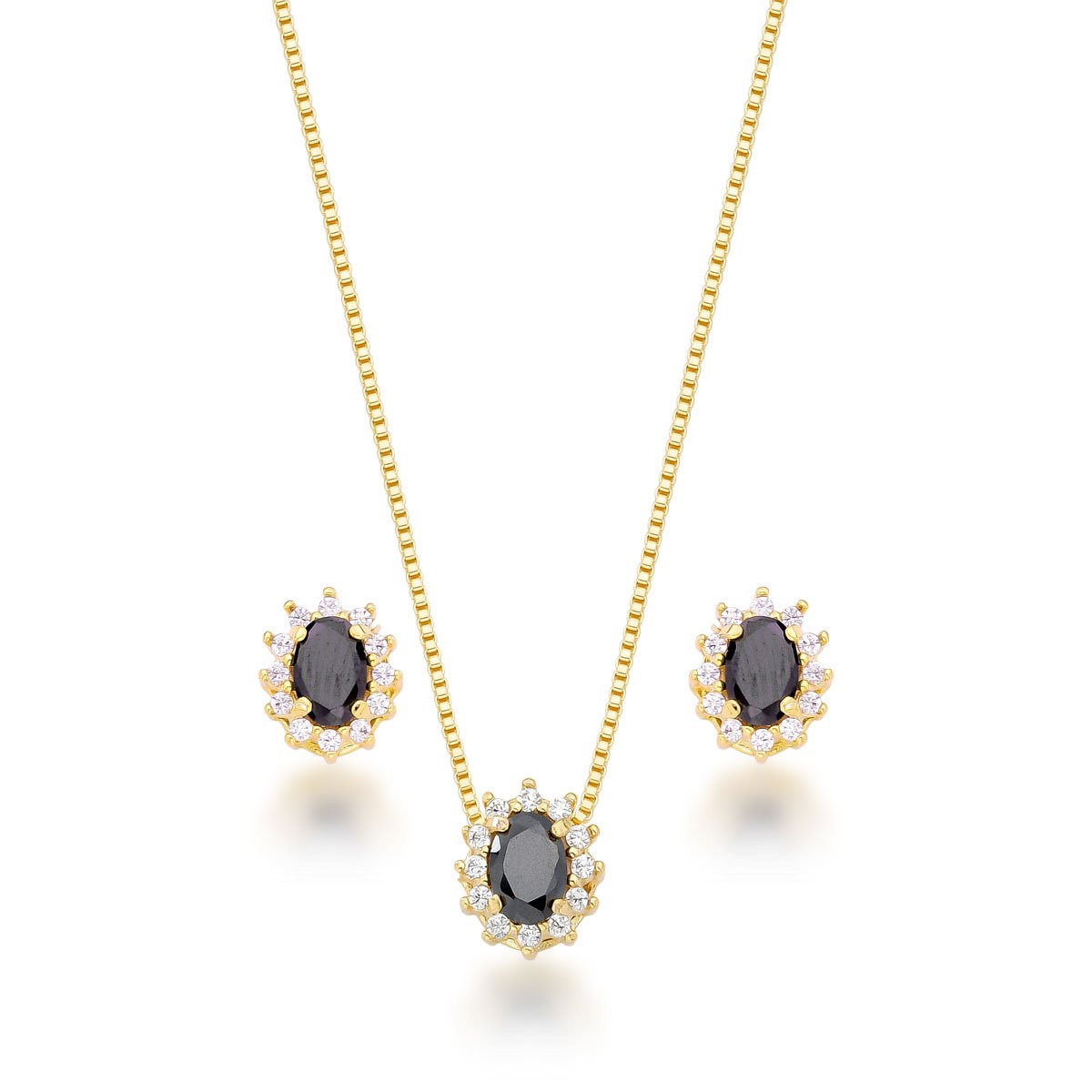 Conjunto Zircônia Negra Banhado a Ouro 18k