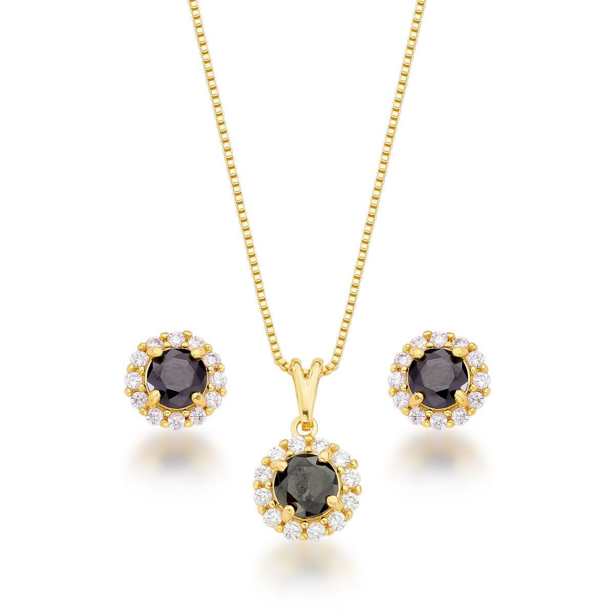 Conjunto Zircônia Negra Banhado a Ouro 18k