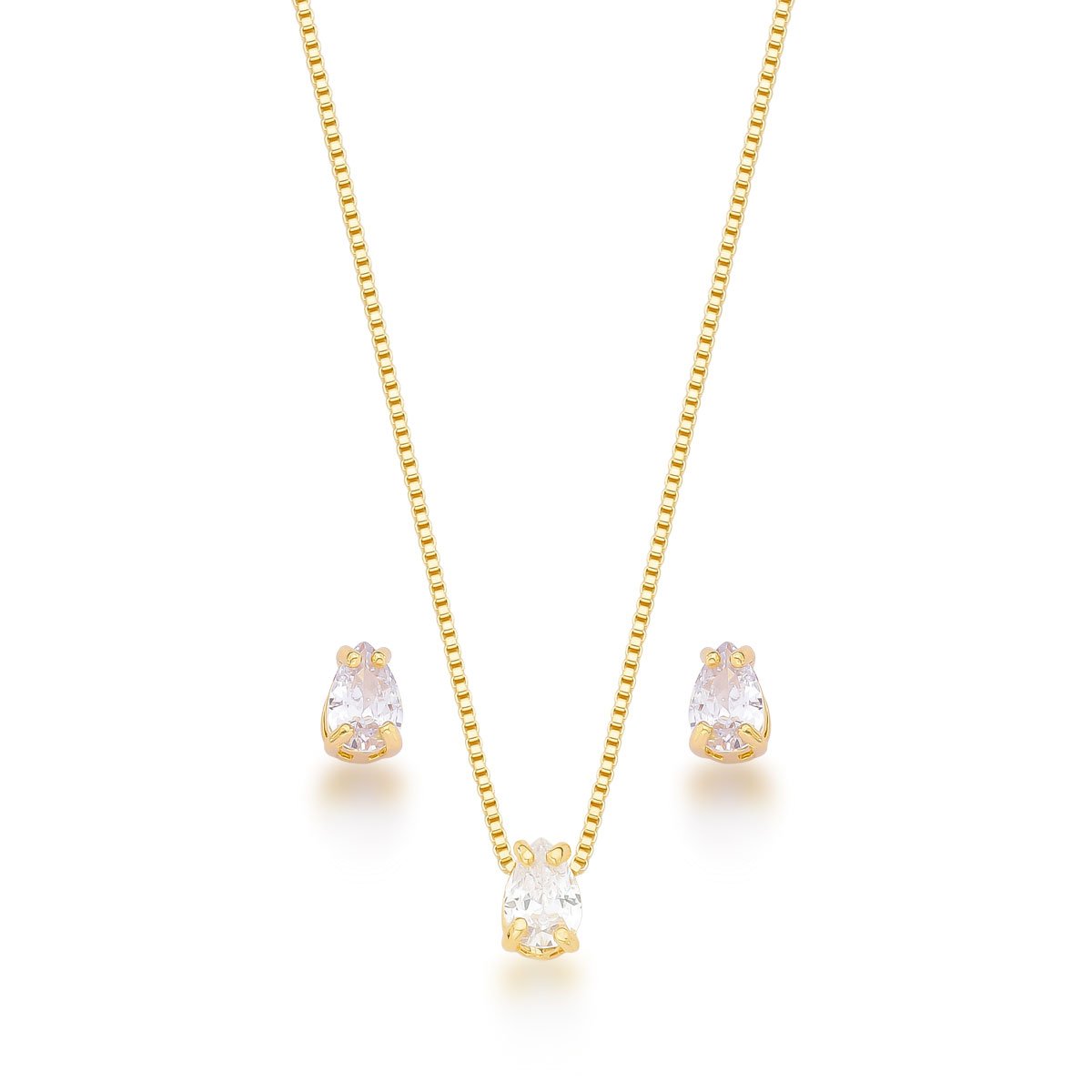 Conjunto Zircônia Gota Banhado a Ouro 18k