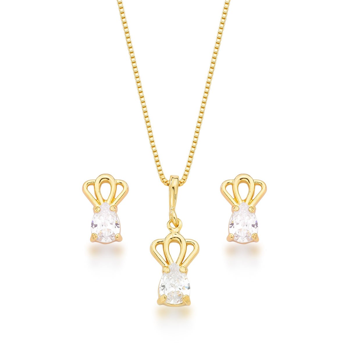 Conjunto Zircônia Gota Banhado a Ouro 18k