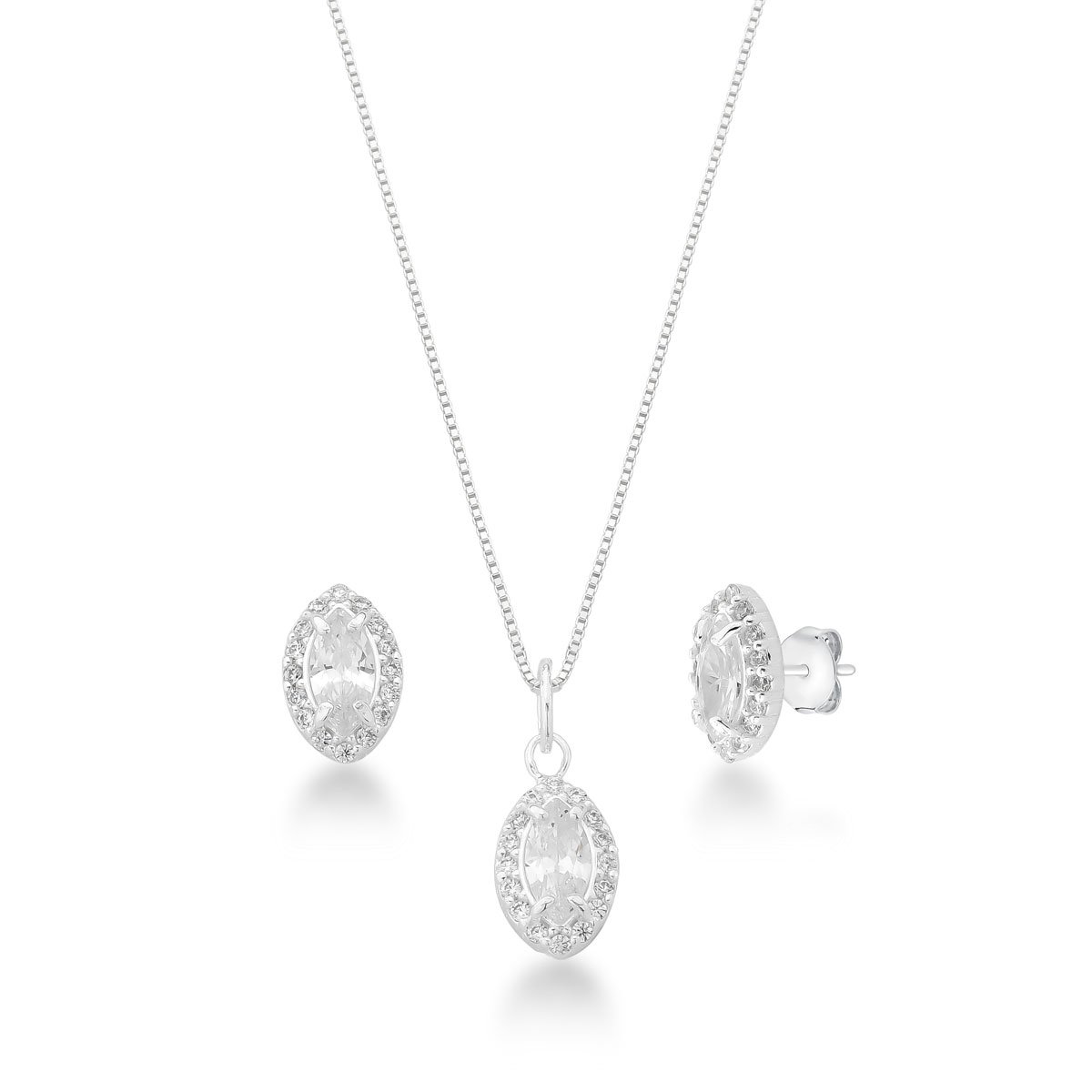 Conjunto Navete Cristal Prata 925