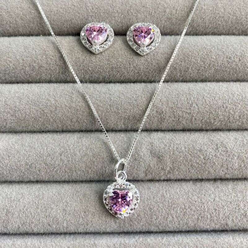 Conjunto Coração Rosa e Micro Zircônias Prata 925