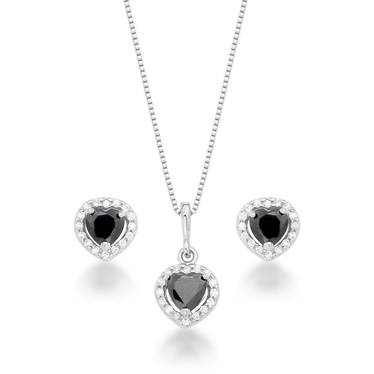 Conjunto Coração e Micros Zircônias Prata 925
