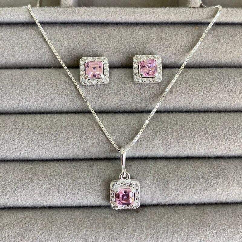 Conjunto Carrê Rosa Prata 925