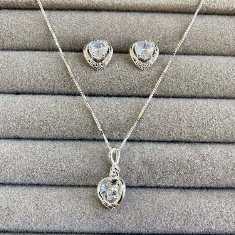 Conjunto Coração Cristal Prata 925